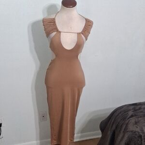 Tan Midi Dress with Cut-Out Design- W Sz Small